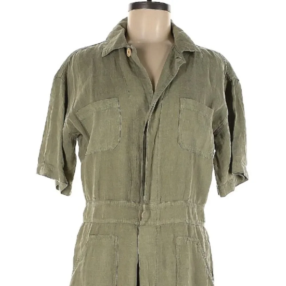 MATE the LABEL Oversized Linen Utility Jumpsuit Short Sleeve Olive Green